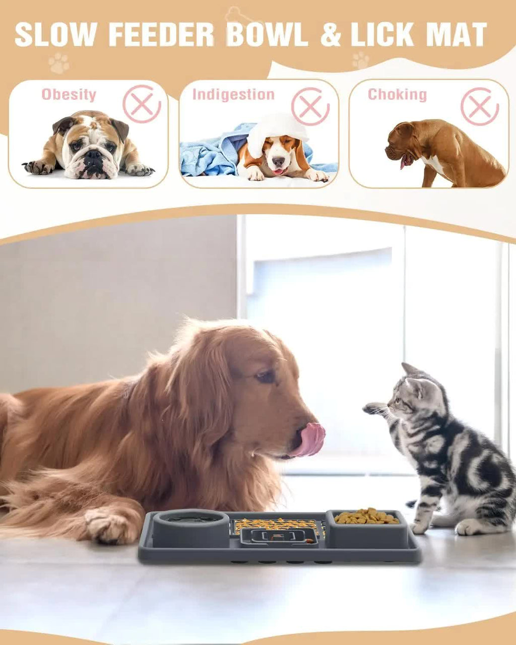 Brown Multi-Functional Pet Slow Feeder Lick Mat - Durable Food-Grade Silicone Anti-Bite Bowl for Dogs