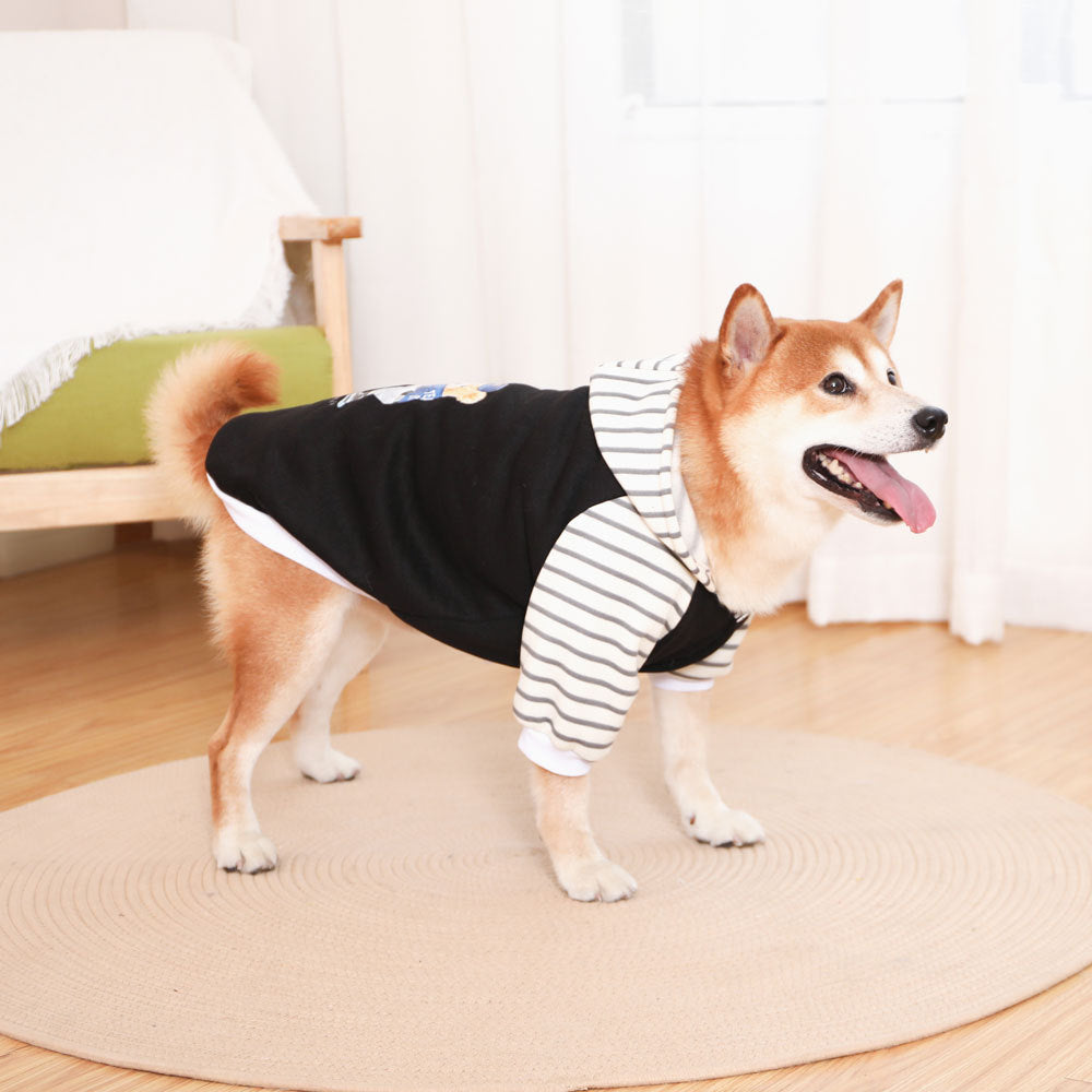 Autumn/Winter Dog Clothes - Black Hoodie with Striped Hood & Baseball Bear (Size - 3XL)