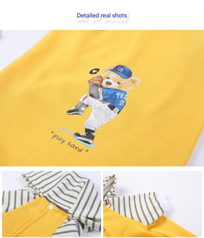 Autumn/Winter Dog Clothes - Yellow Hoodie with Striped Hood & Baseball Bear (Size - 5XL)