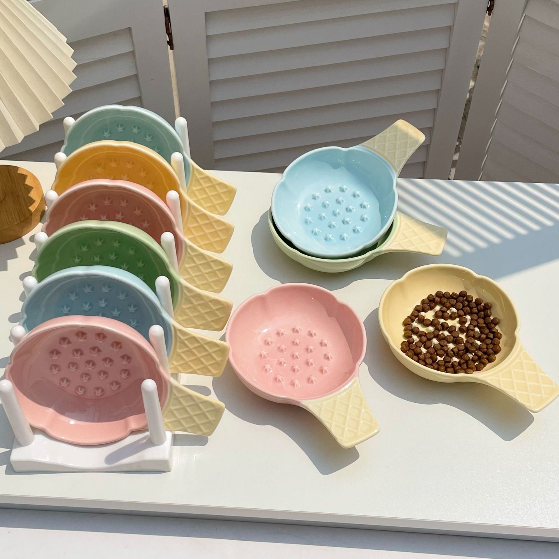 Blue and Yellow Adorable Ice Cream Cone Ceramic Slow Feeder Pet Bowl - Fun Anti-Gulp Design for Cats & Dogs